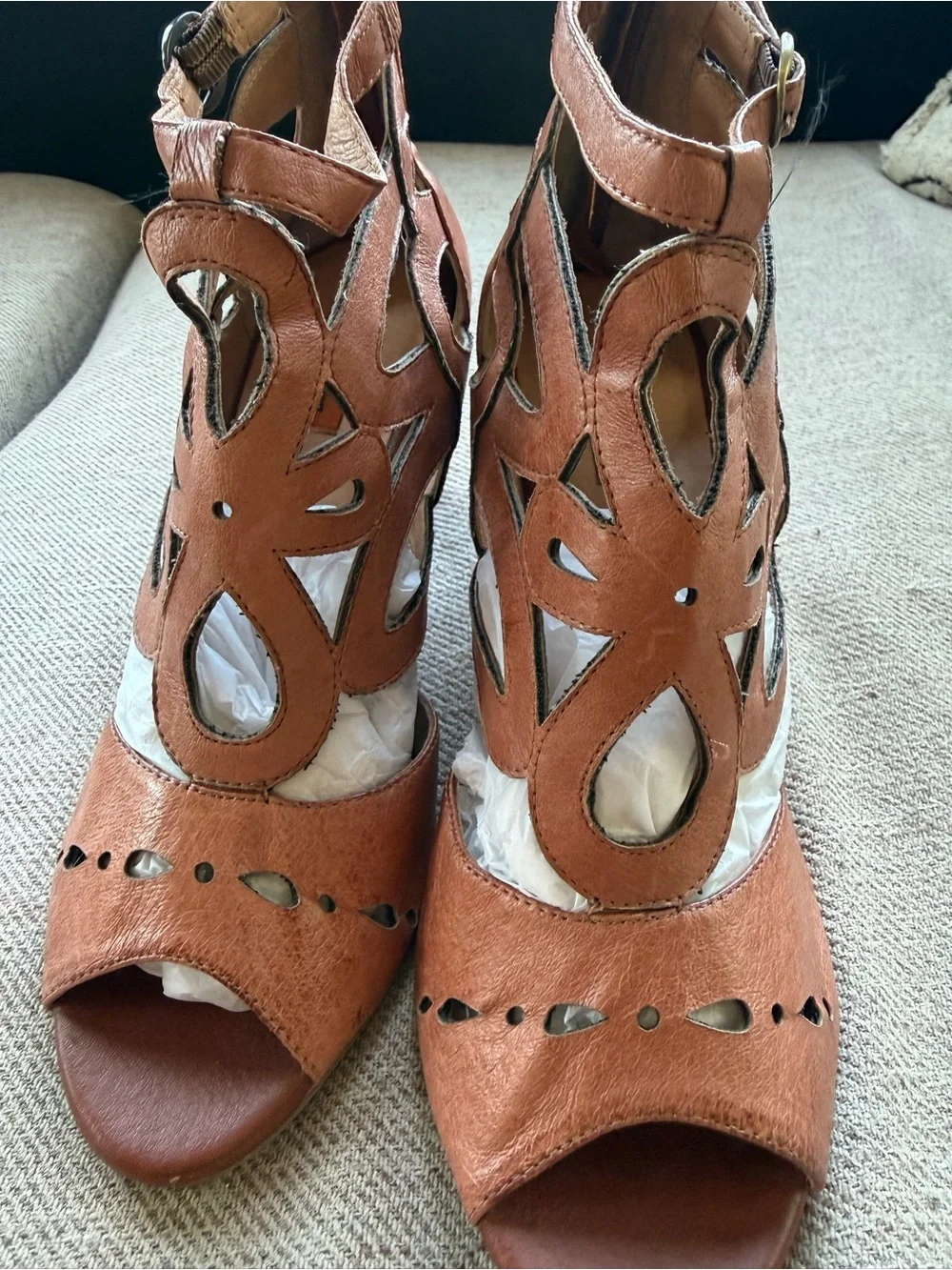 Miz Mooz Tan Cutout Leather Wedge Sandals